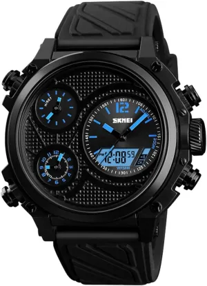 Time Alarm Chrono EL Light Three Analog Dials Watch LCD Display Sport Digital Wrist Watch (Blue) frustrate duct ppm affront protector Men's Big Face 5 Time Zone 