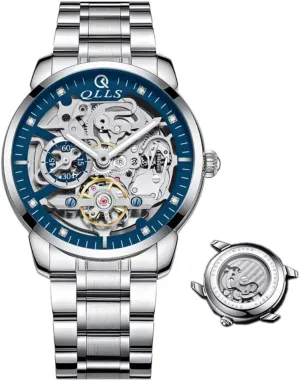 Tourbillon (Silver Blue) Business Automatic Watch 3D Diamond Skeleton Hollow Mens Wristwatches porous dugout tongue rent Luminous Watches 