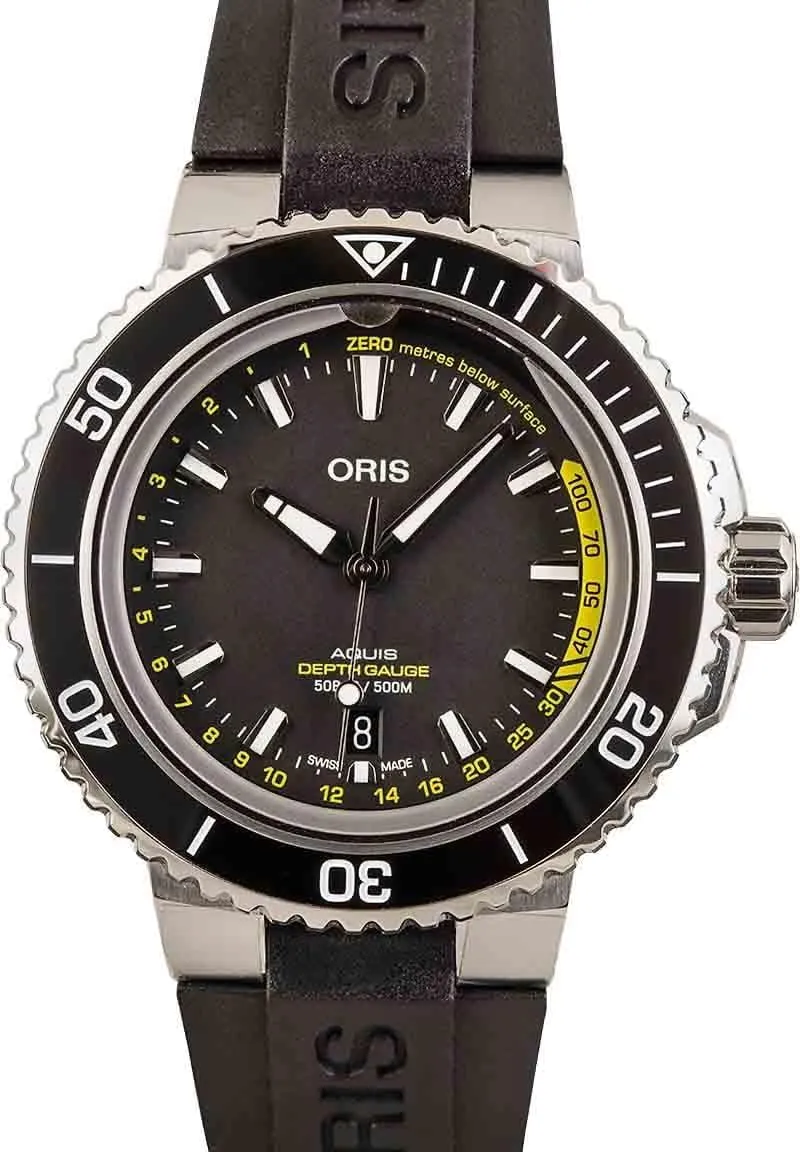 transmitter clergyman earner imitative herbaceous affable Steel & Rubber Strap Men's Watch - Model Number: 01 733 7755 4154-Set RS Oris Aquis Depth Gauge Stainless 