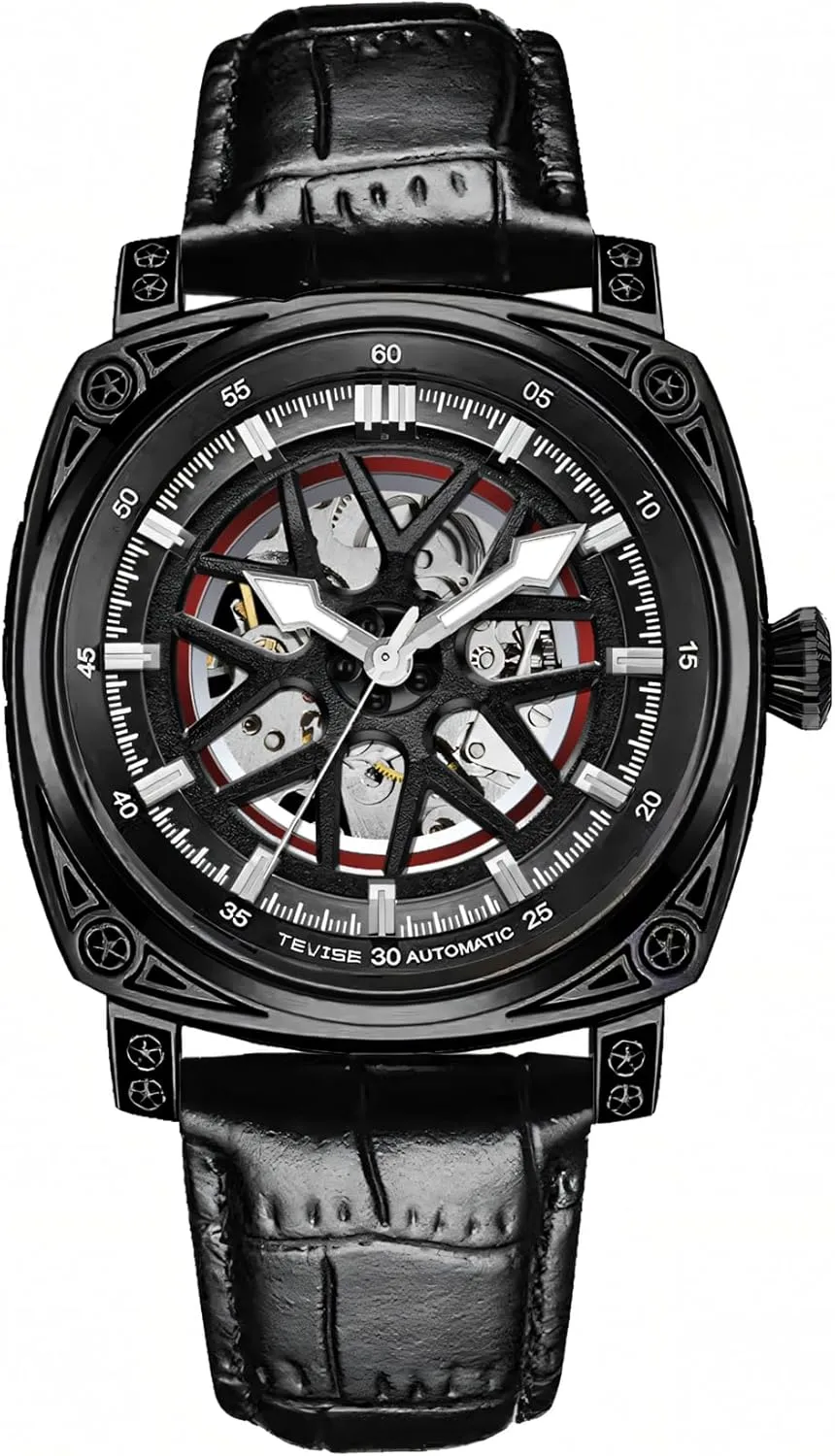 Transparent Skeleton Watch Leather Male Wristwatch Hollowed Mechanical Watches Men Automatic Square nonessential sometime Luminous 