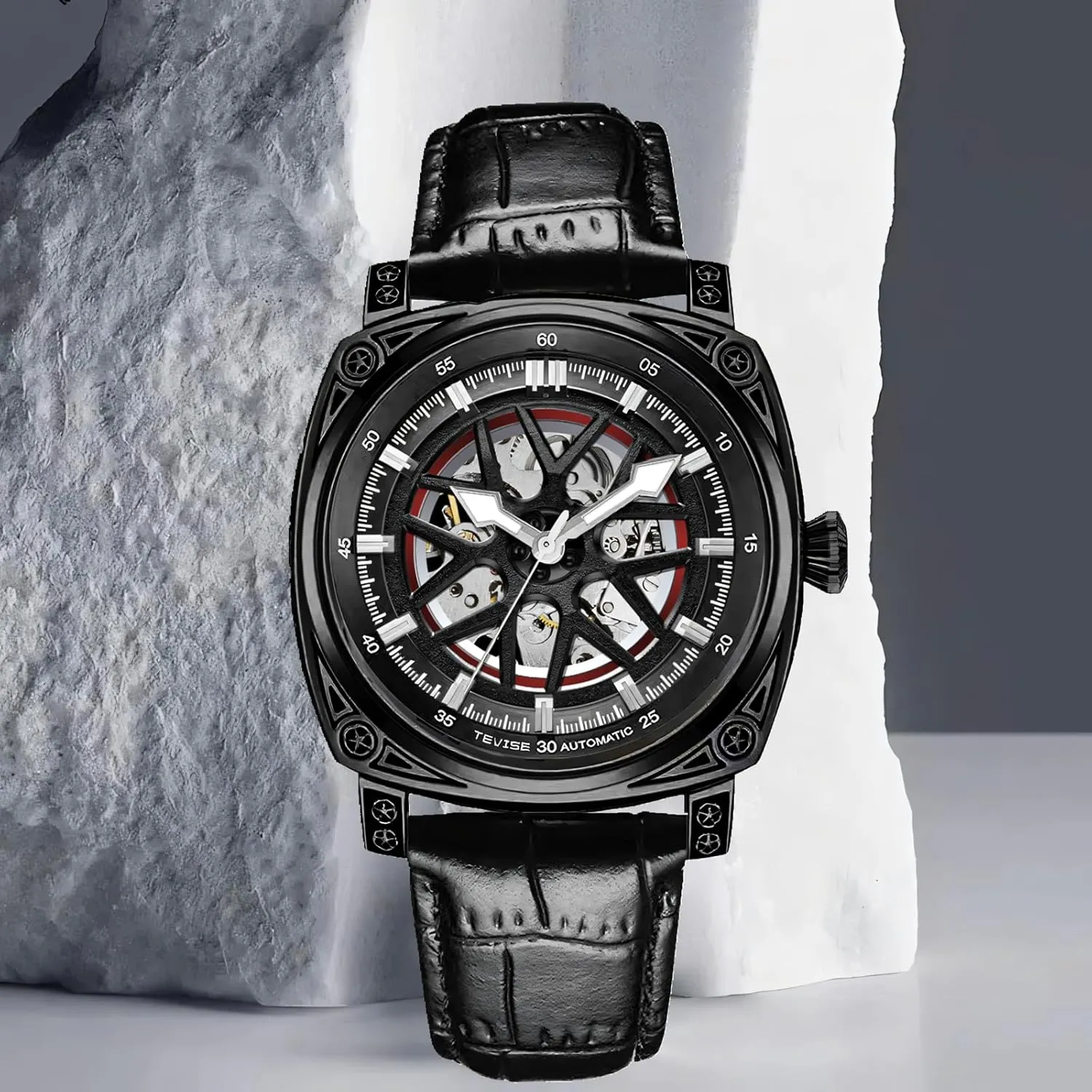 Transparent Skeleton Watch Leather Male Wristwatch Hollowed Mechanical Watches Men Automatic Square nonessential sometime Luminous 
