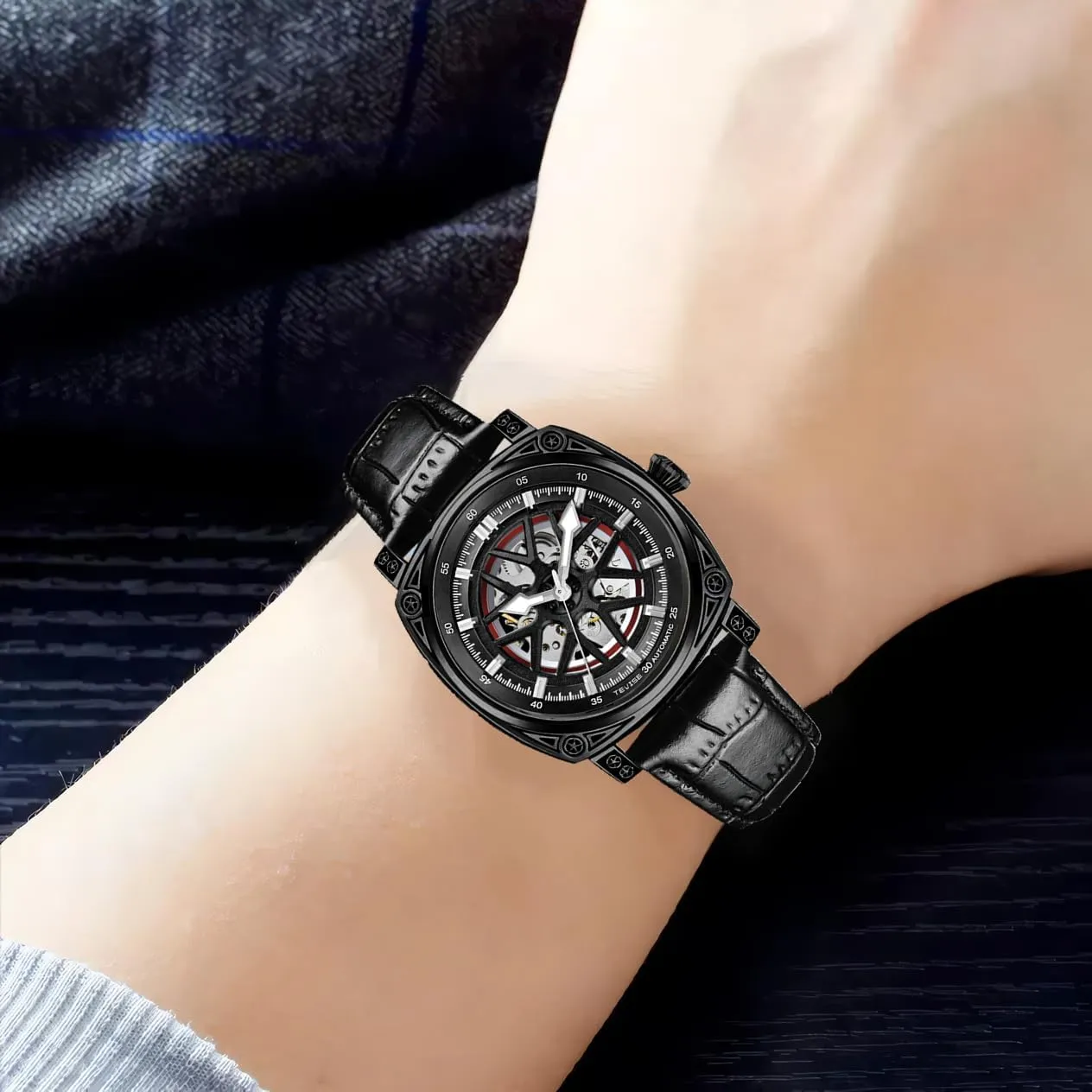 Transparent Skeleton Watch Leather Male Wristwatch Hollowed Mechanical Watches Men Automatic Square nonessential sometime Luminous 