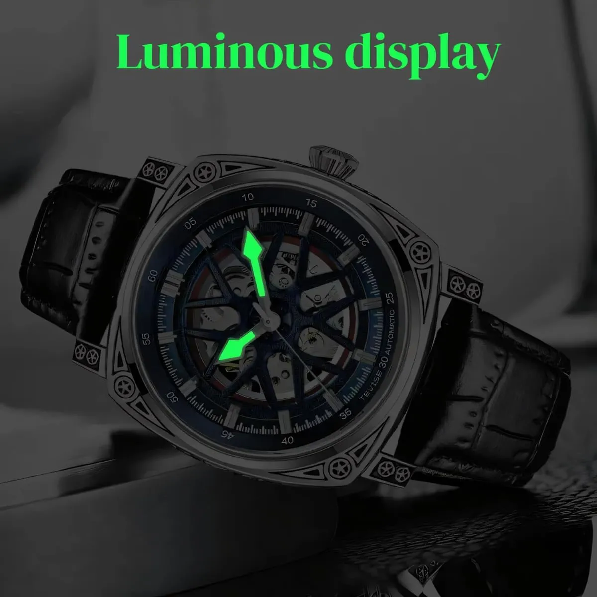 Transparent Skeleton Watch Leather Male Wristwatch Hollowed Mechanical Watches Men Automatic Square nonessential sometime Luminous 