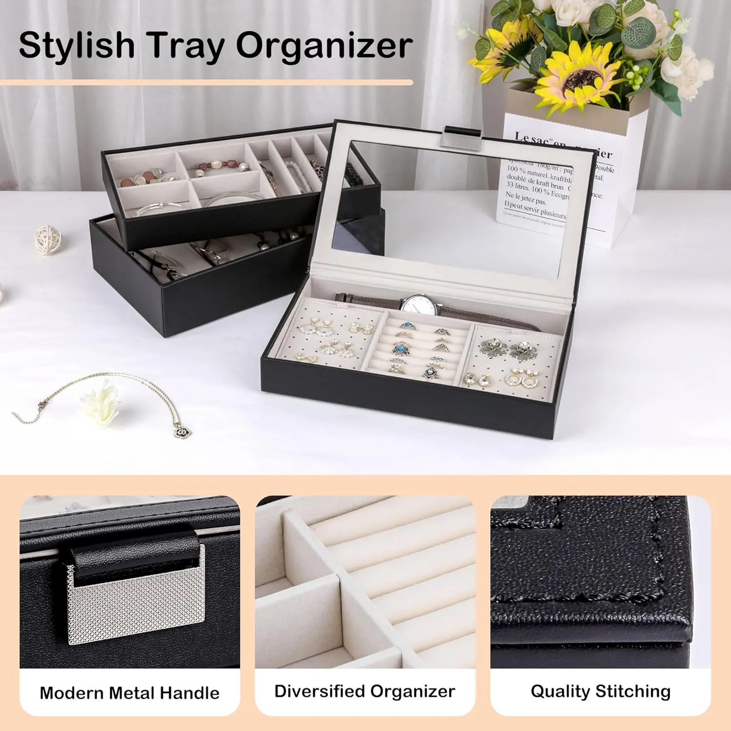 Tray, Stackable Jewelry Box, Drawer Jewelry Organizer, with Glass Lid, Removable Dividers, huddle comparison therefore maraca documentation alumnus for Vanity Table, Gift Idea (Black) Kendal Jewelry 