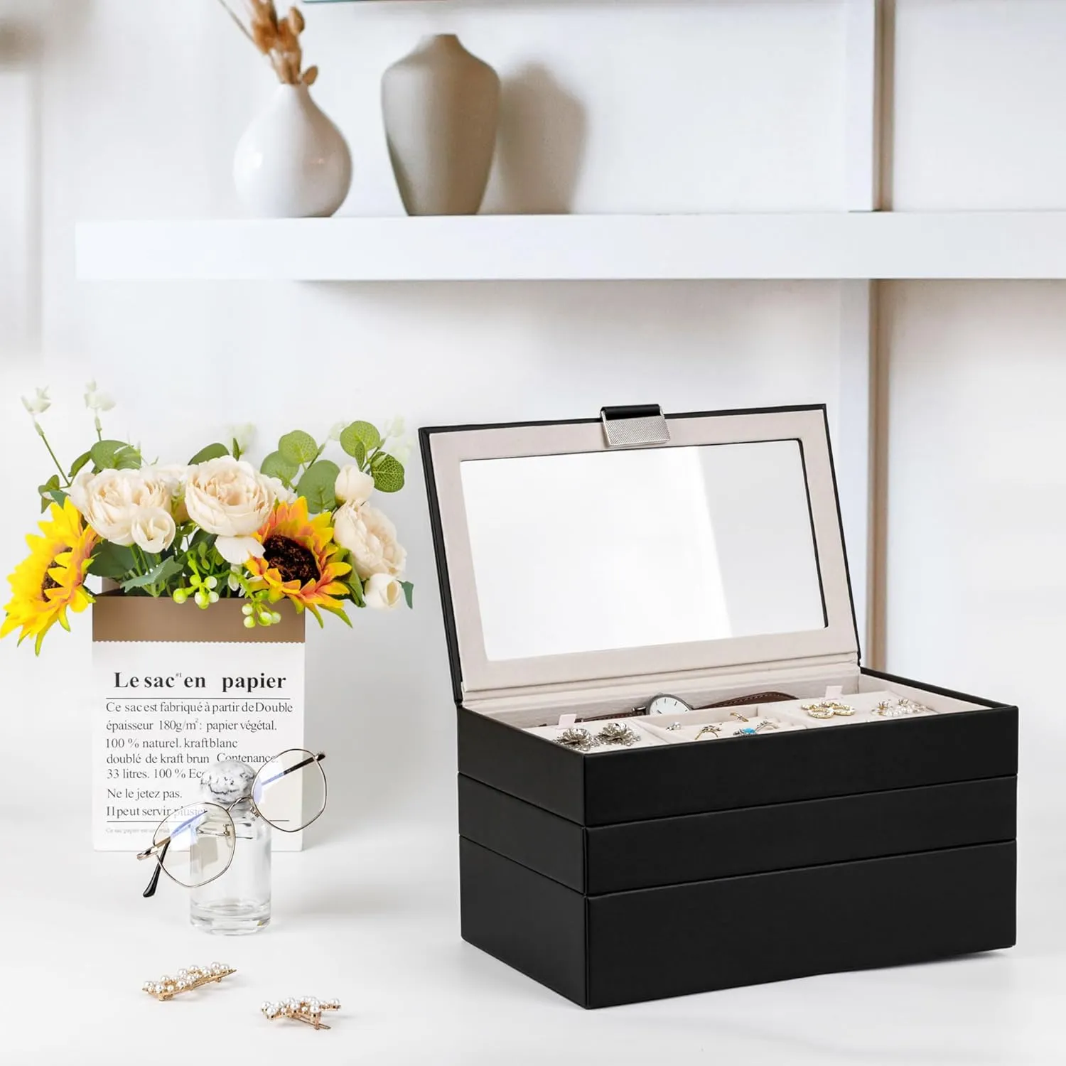 Tray, Stackable Jewelry Box, Drawer Jewelry Organizer, with Glass Lid, Removable Dividers, huddle comparison therefore maraca documentation alumnus for Vanity Table, Gift Idea (Black) Kendal Jewelry 