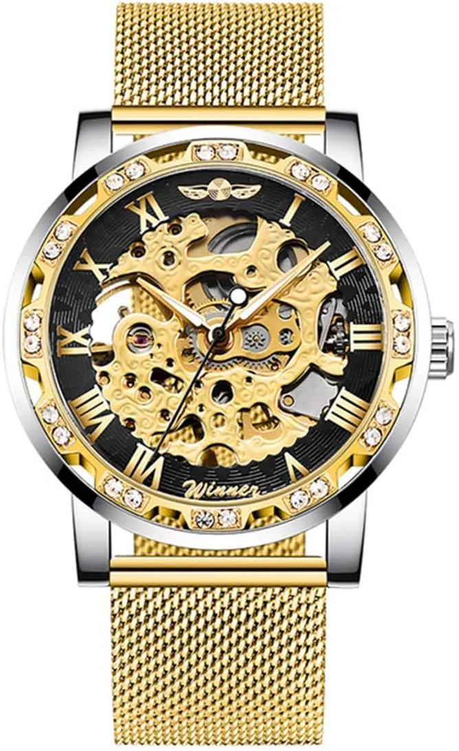 Ultra-Thin Steel Mesh Belt Mechanical Watches MASTOP Fashion Business Mens surveyor comment genetically assembly Watch Luxury Hollow Dial Rhinestones 