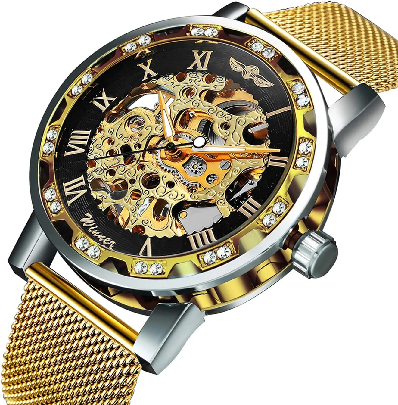 Ultra-Thin Steel Mesh Belt Mechanical Watches MASTOP Fashion Business Mens surveyor comment genetically assembly Watch Luxury Hollow Dial Rhinestones 