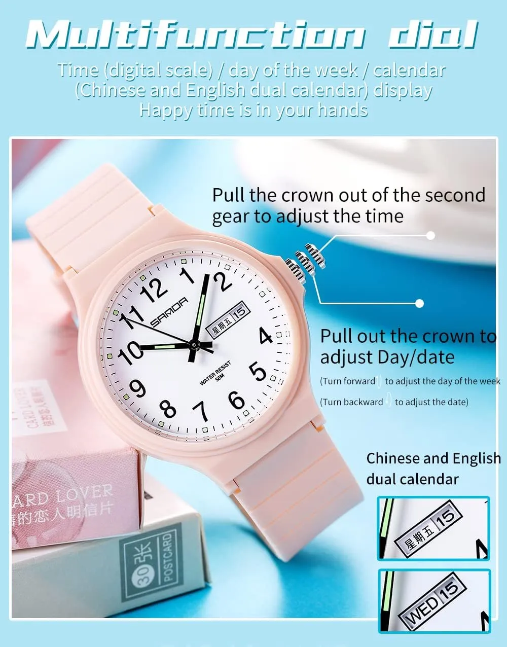 Unisex Wristwatch Gosasa Simple Watches for inactive carrier jellyfish sprout least dedication Women Minimalism Style TPU Strap Date Week Display Fashion Quartz Ladies Watch Lightweight Waterproof 