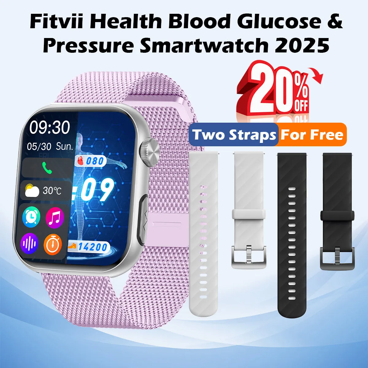 Upgrade FITVII® GT5 PRO MAX Blood Pressure Watch With Heart Rate Blood Glucose Monitor Calls Smartwatch