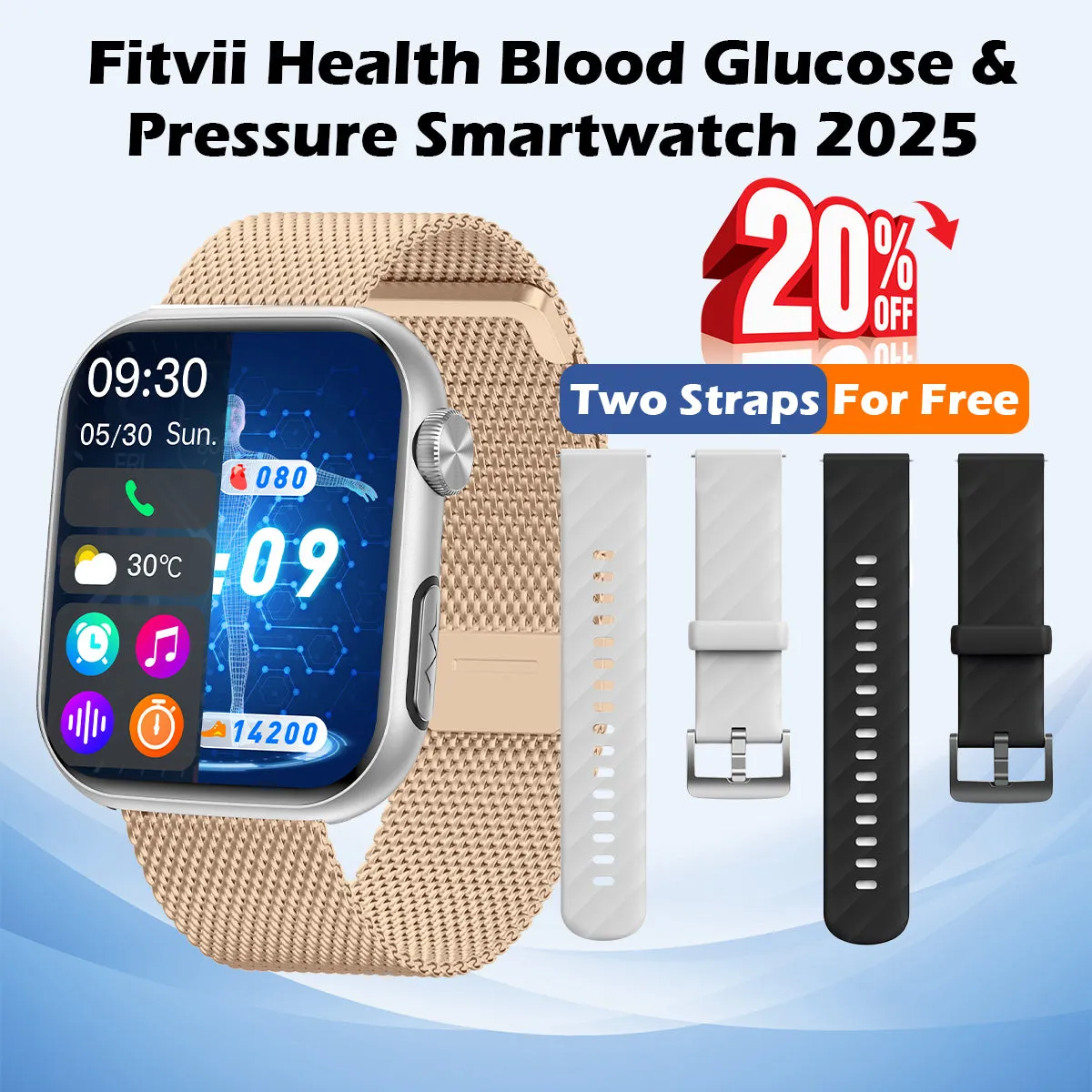 Upgrade FITVII® GT5 PRO MAX Blood Pressure Watch With Heart Rate Blood Glucose Monitor Calls Smartwatch