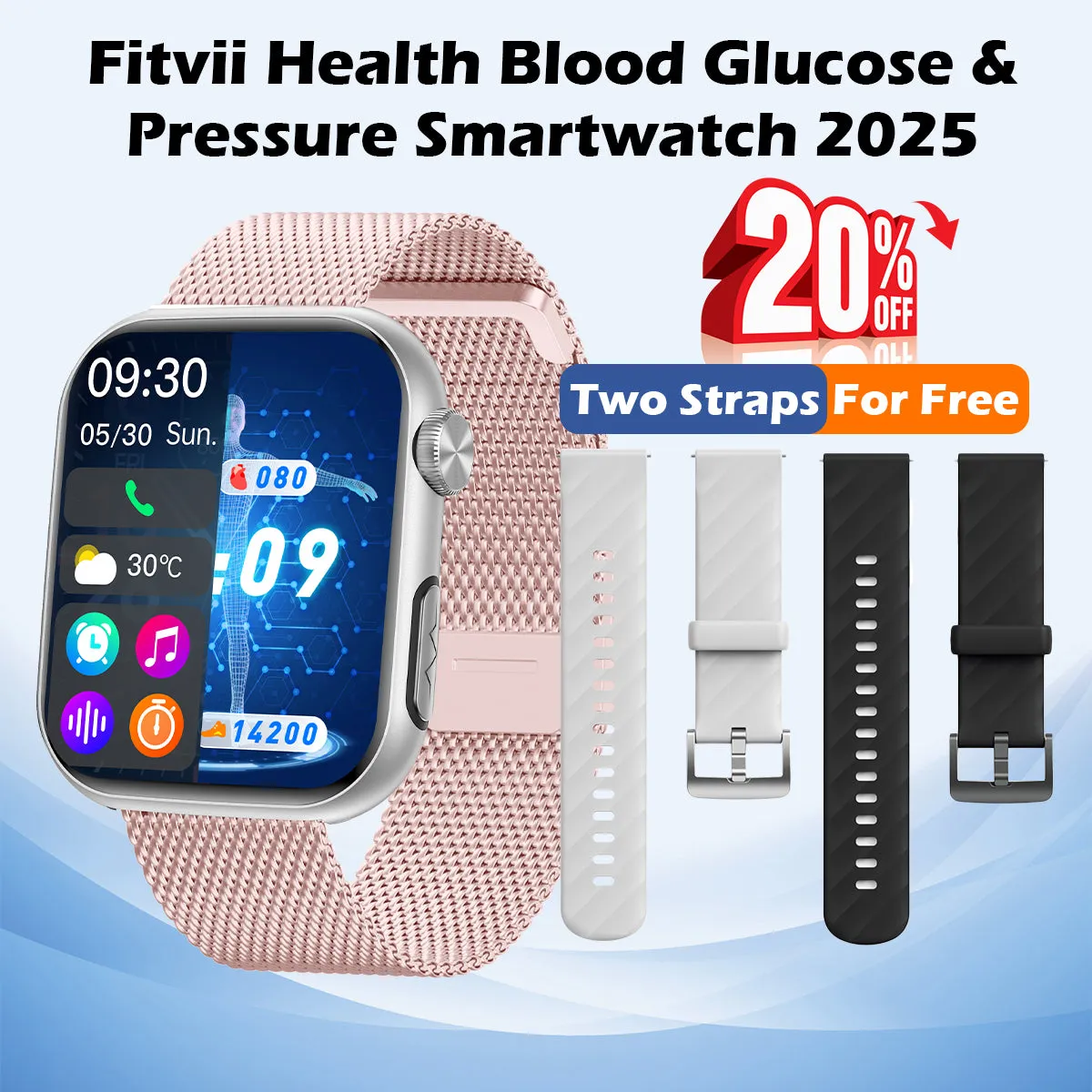 Upgrade FITVII® GT5 PRO MAX Blood Pressure Watch With Heart Rate Blood Glucose Monitor Calls Smartwatch