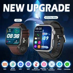 Upgrade FITVII® GT5 PRO MAX Blood Pressure Watch With Heart Rate Blood Glucose Monitor Calls Smartwatch