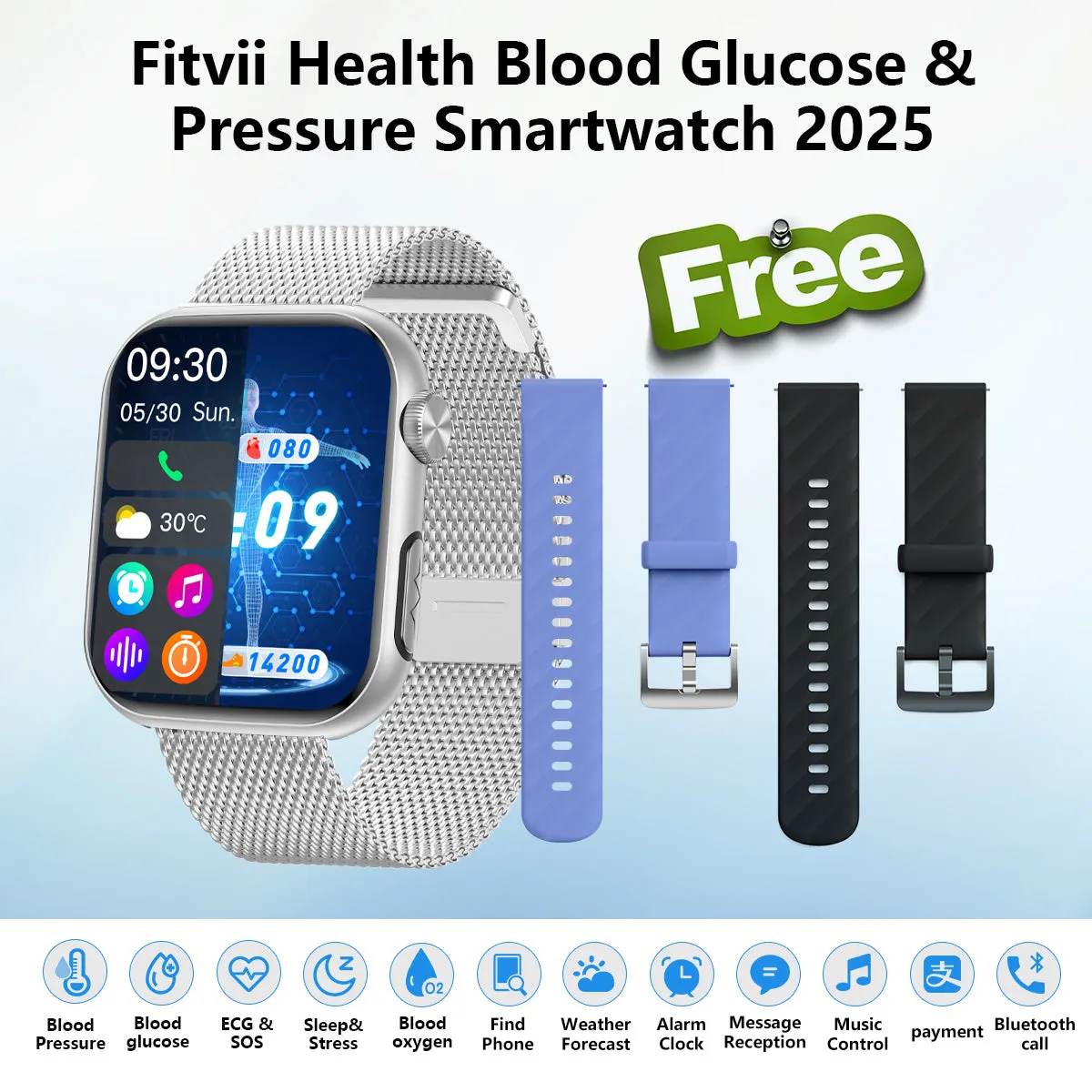 Upgrade FITVII® GT5 PRO MAX Blood Pressure Watch With Heart Rate Blood Glucose Monitor Calls Smartwatch