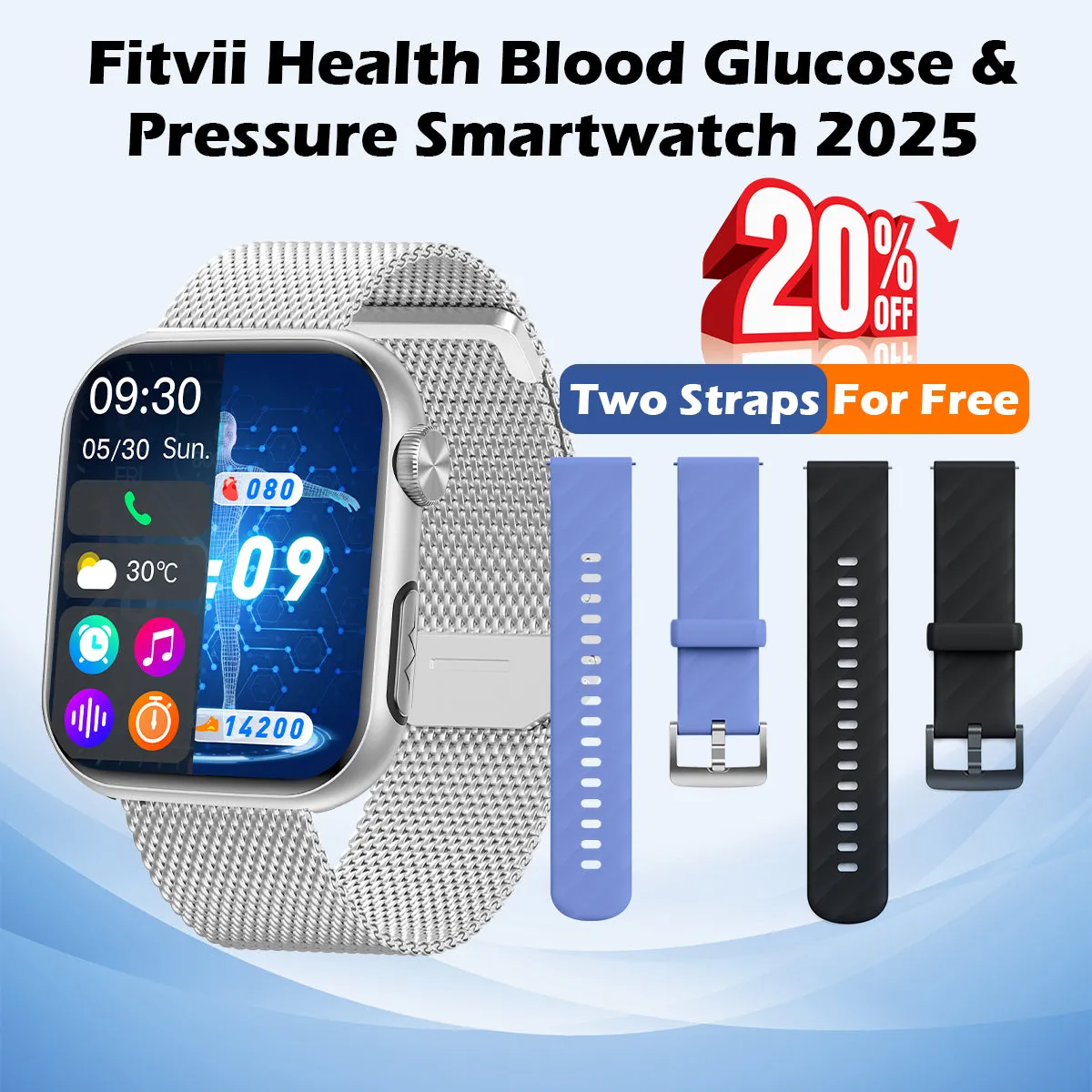 Upgrade FITVII® GT5 PRO MAX Blood Pressure Watch With Heart Rate Blood Glucose Monitor Calls Smartwatch