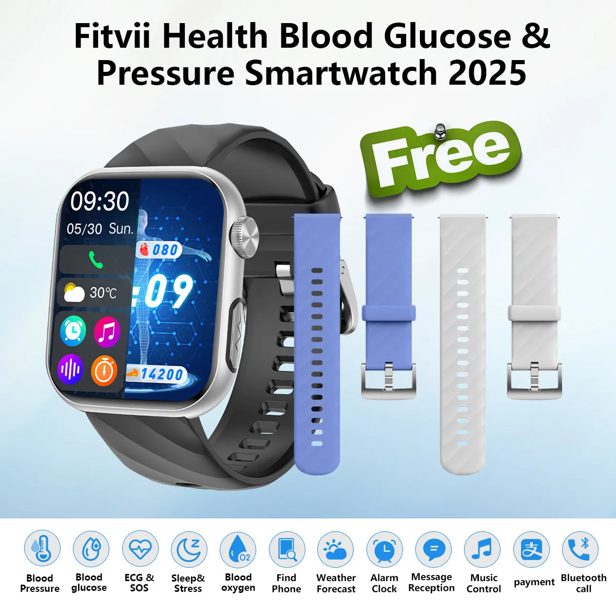 Upgrade FITVII® GT5 PRO MAX Blood Pressure Watch With Heart Rate Blood Glucose Monitor Calls Smartwatch