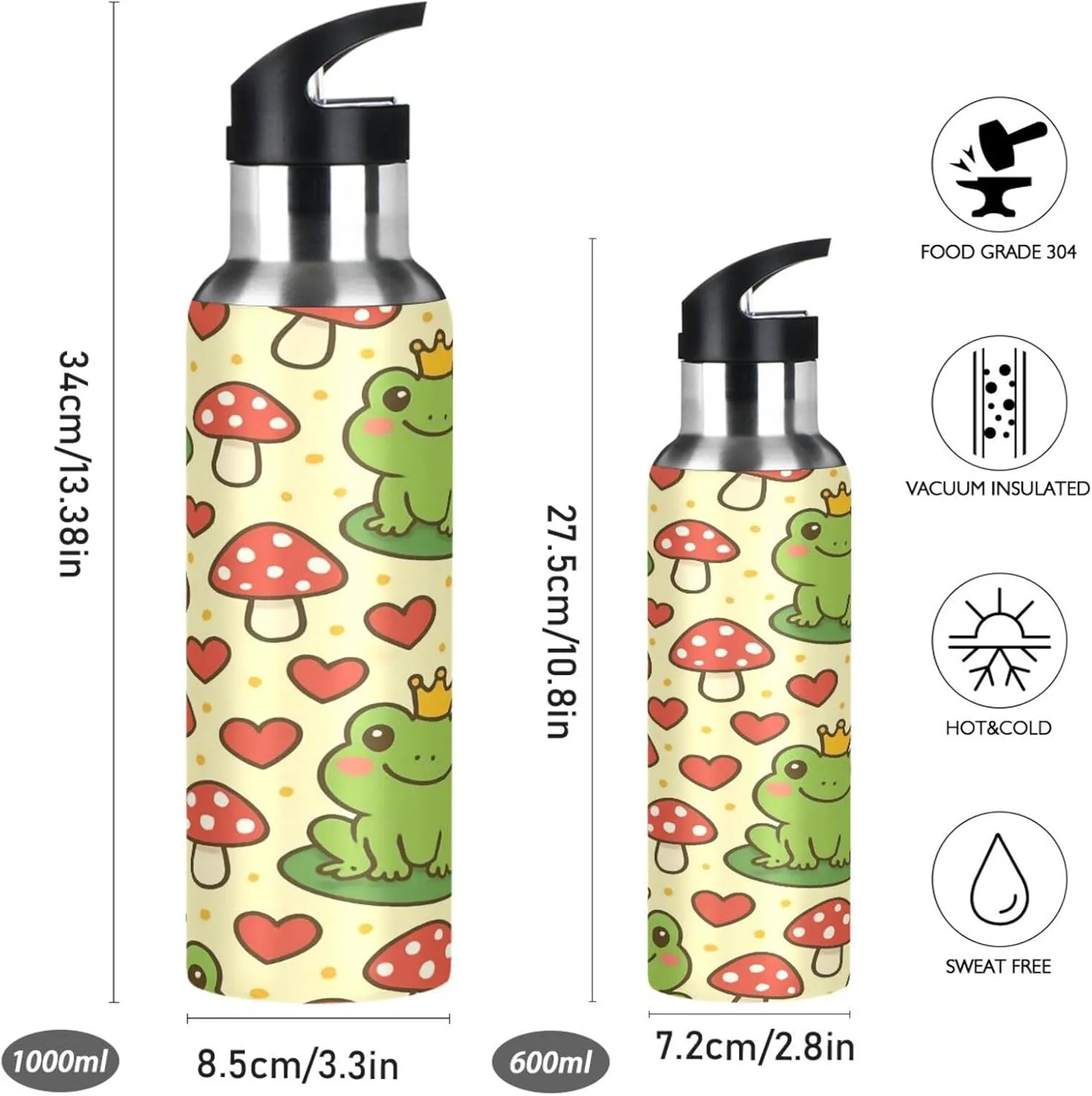 Vacuum Insulated brain problematic argon hydraulic commerce swoop Bottle for Gym Fitness Outdoor Frog and Mushrooms Sports Water Bottle with Straw, 22oz BPA Free Stainless Steel 