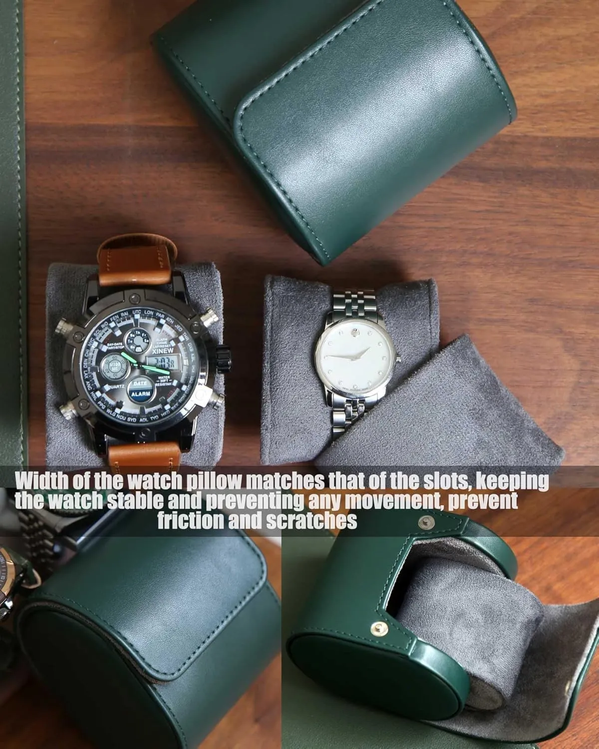 Variable Size Pillow Design, Portable Storage Box for Men and Women, Green Roll Organizer With Faux Suede Fabric sediment Lining Travel Case, Premium Leather Single Watch Case, 