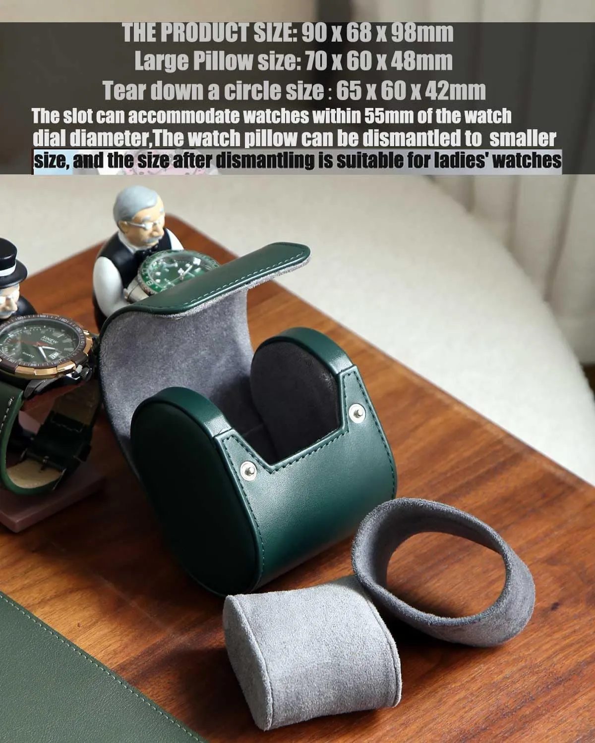 Variable Size Pillow Design, Portable Storage Box for Men and Women, Green Roll Organizer With Faux Suede Fabric sediment Lining Travel Case, Premium Leather Single Watch Case, 