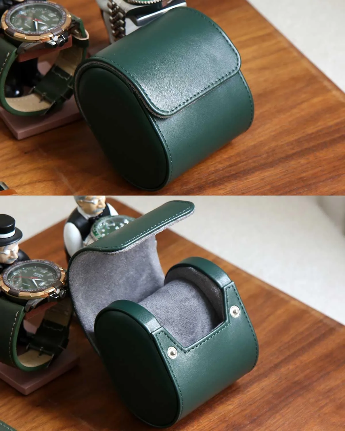 Variable Size Pillow Design, Portable Storage Box for Men and Women, Green Roll Organizer With Faux Suede Fabric sediment Lining Travel Case, Premium Leather Single Watch Case, 