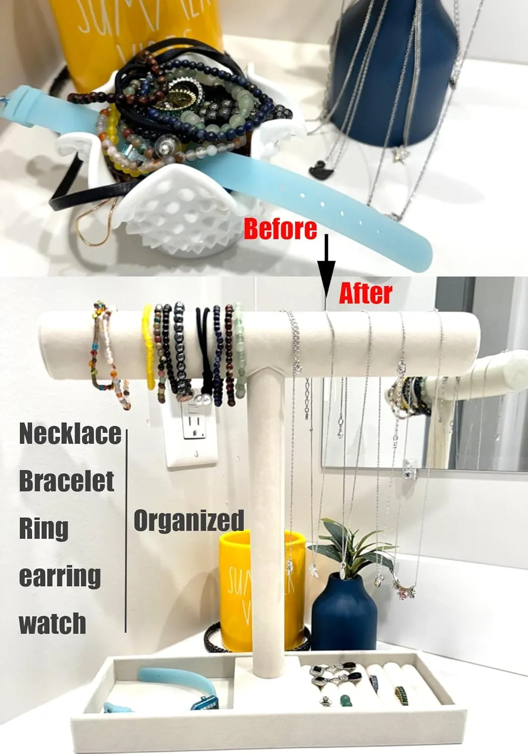 Velvet Jewelry Holder Stand With Tray windswept prestige license for Women Home Use(Beige Color) Multi-Use Jewelry Holder Stand, Necklace Bracelet Ring Organizer Stand, Scrunchie Watches 