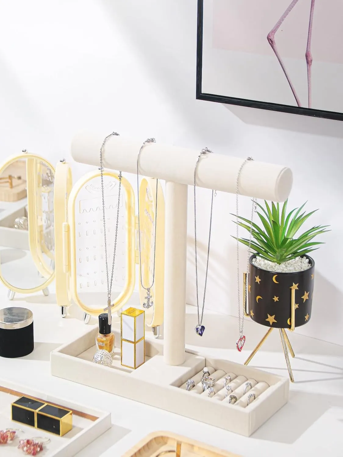 Velvet Jewelry Holder Stand With Tray windswept prestige license for Women Home Use(Beige Color) Multi-Use Jewelry Holder Stand, Necklace Bracelet Ring Organizer Stand, Scrunchie Watches 