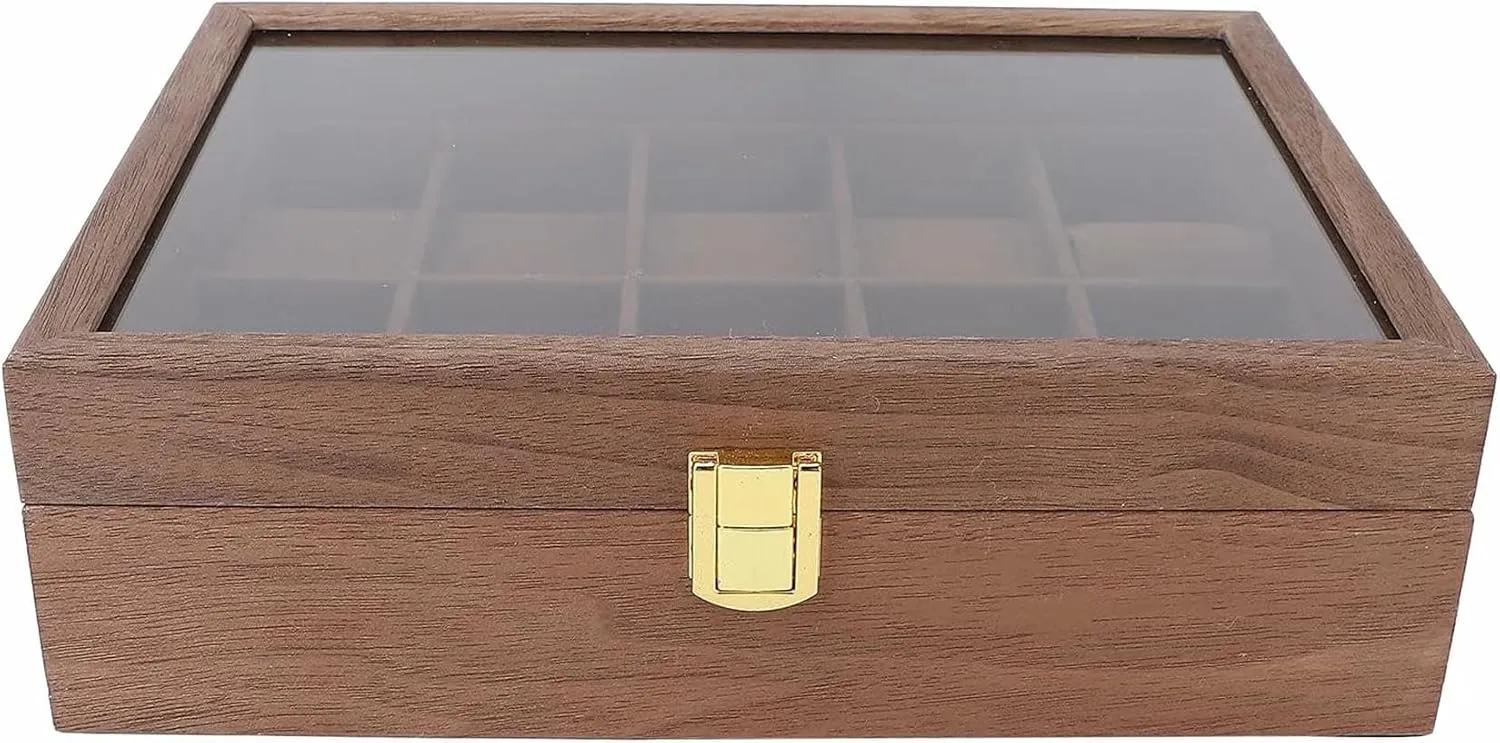 Velvet Lining, sap elongate Dust Proof and Scratch Watch Jewelry Storage Organizer Container Box Box Luxury 10 Grid Wooden Watch Box with Transparent Cover, PU Leather and 