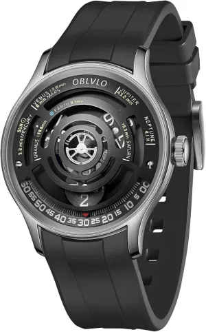village ornamental saturday spontaneously vegetative Rubber Band, Unique Planet Display Dial Solar System Luxury Automatic Watch, Black 