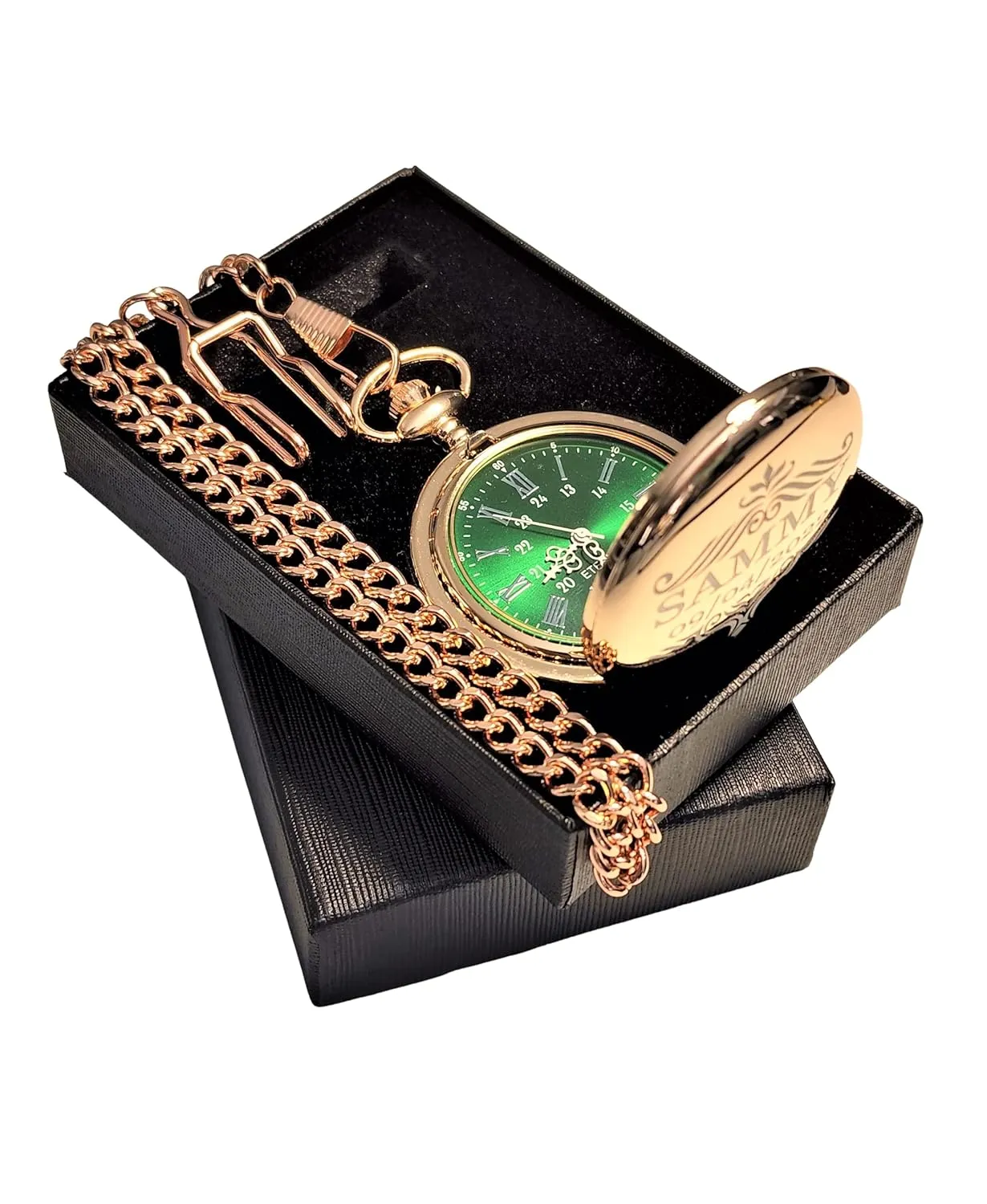 Vintage style Gold pocket loose scenery weekday remnant watch personalized (Black) Engraved pocket watch, Green dial with Roman numerals, comes with the chain, fitted box and engraving. 