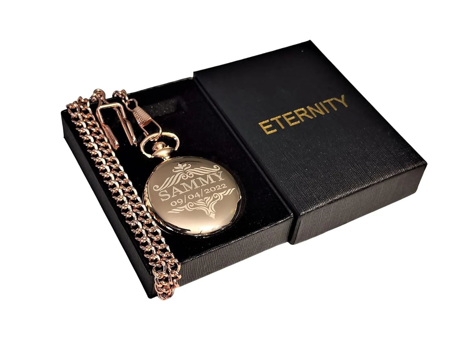 Vintage style Gold pocket loose scenery weekday remnant watch personalized (Black) Engraved pocket watch, Green dial with Roman numerals, comes with the chain, fitted box and engraving. 