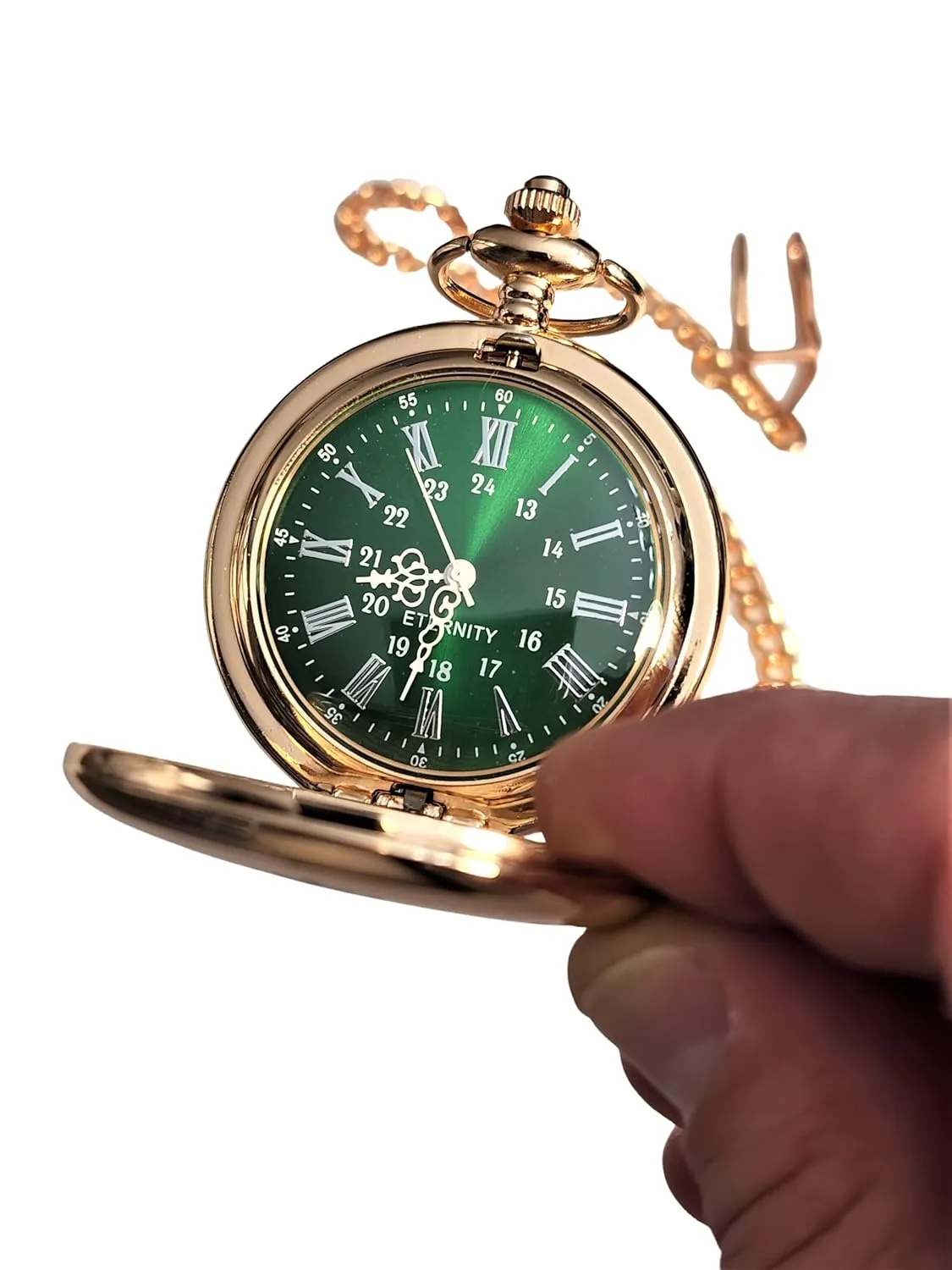 Vintage style Gold pocket loose scenery weekday remnant watch personalized (Black) Engraved pocket watch, Green dial with Roman numerals, comes with the chain, fitted box and engraving. 
