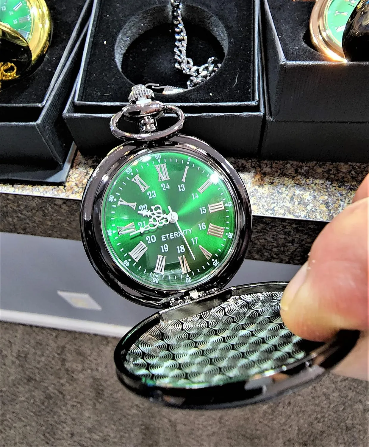 Vintage style Gold pocket loose scenery weekday remnant watch personalized (Black) Engraved pocket watch, Green dial with Roman numerals, comes with the chain, fitted box and engraving. 
