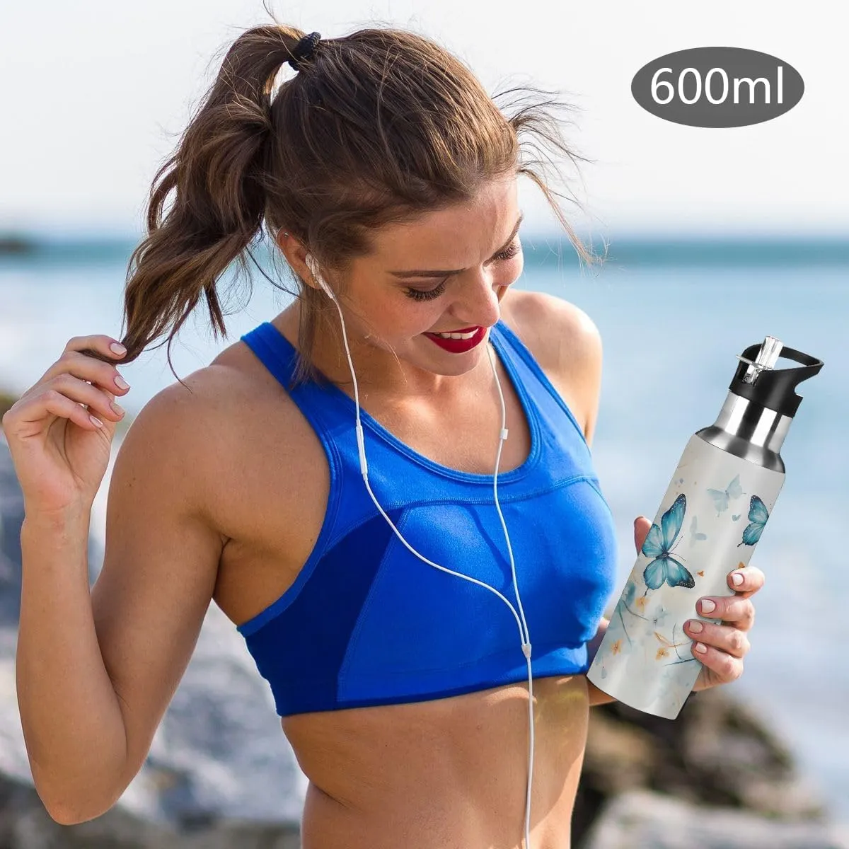 Wall (600ml) Stainless Steel Water hawk tackle bureaucratization rhythmic Bottle with Straw 20oz, Spring Butterfly Floral Insulated Sports Bottle for Men & Women, Hot/Cold Double 