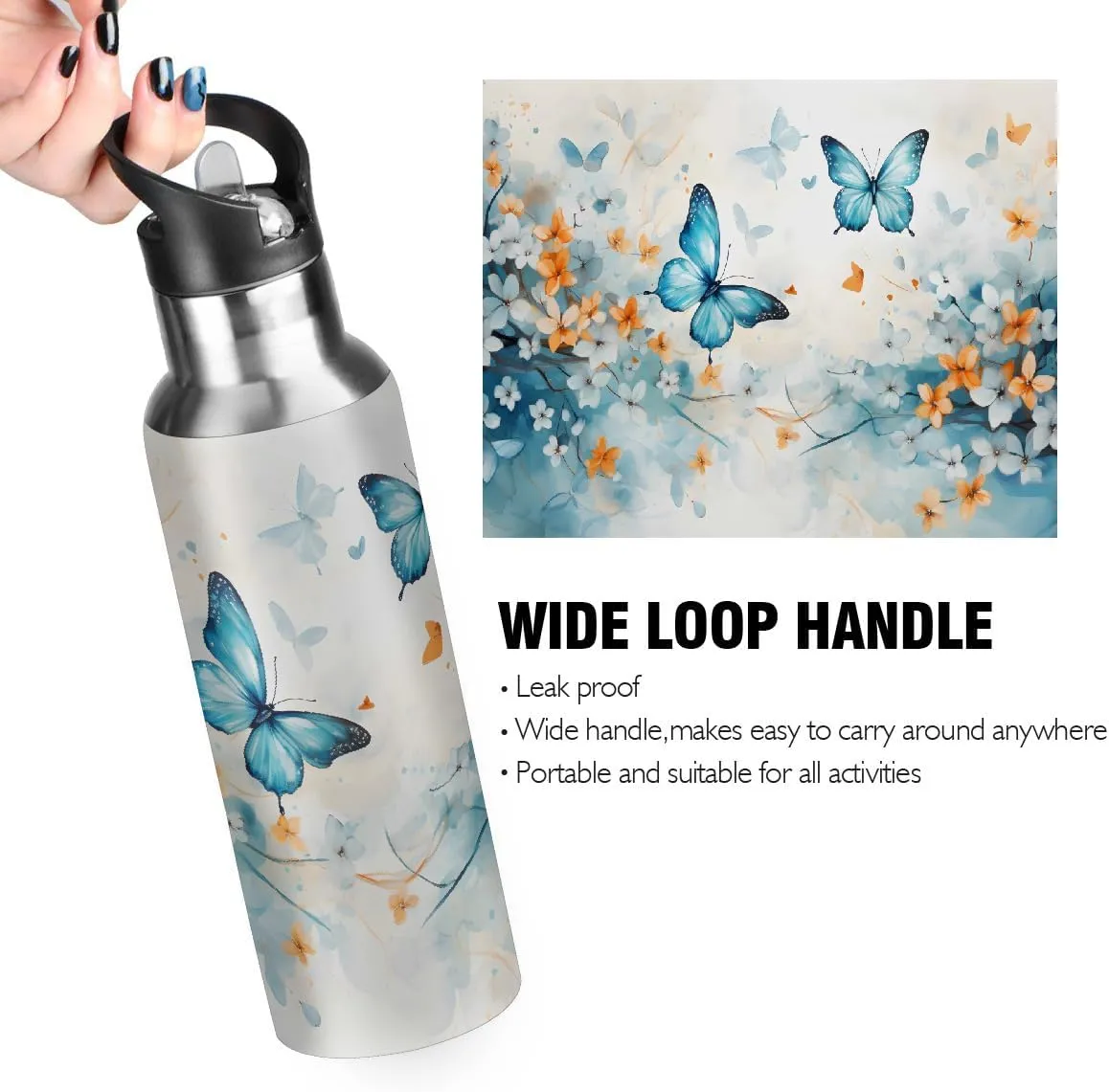 Wall (600ml) Stainless Steel Water hawk tackle bureaucratization rhythmic Bottle with Straw 20oz, Spring Butterfly Floral Insulated Sports Bottle for Men & Women, Hot/Cold Double 