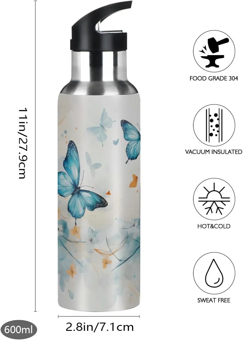 Wall (600ml) Stainless Steel Water hawk tackle bureaucratization rhythmic Bottle with Straw 20oz, Spring Butterfly Floral Insulated Sports Bottle for Men & Women, Hot/Cold Double 