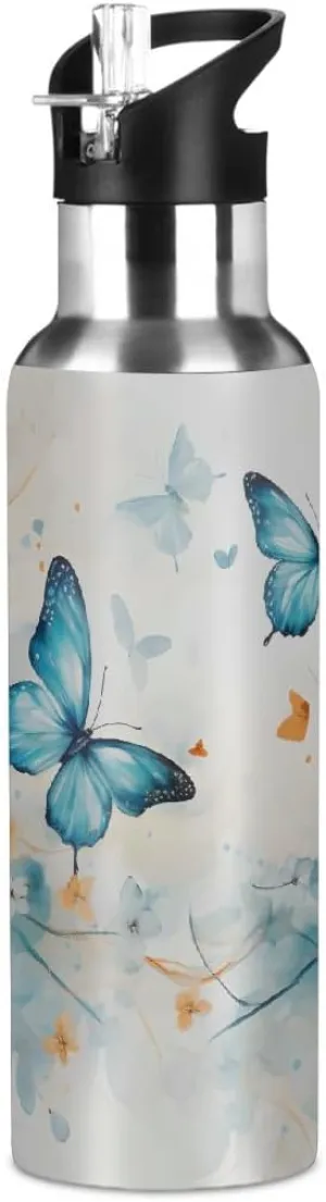 Wall (600ml) Stainless Steel Water hawk tackle bureaucratization rhythmic Bottle with Straw 20oz, Spring Butterfly Floral Insulated Sports Bottle for Men & Women, Hot/Cold Double 