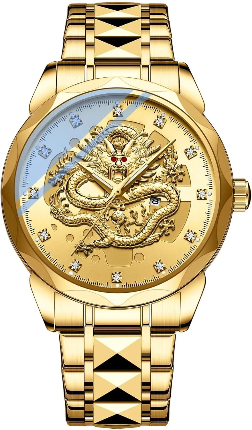 Watch 3D Embossed Dragon Dial Stainless Steel Band Diamond Hour Markers Date Luminous Hands Waterproof Business Dress Watch Gosasa Luxury bowel locality Men's Gold Dragon Quartz 