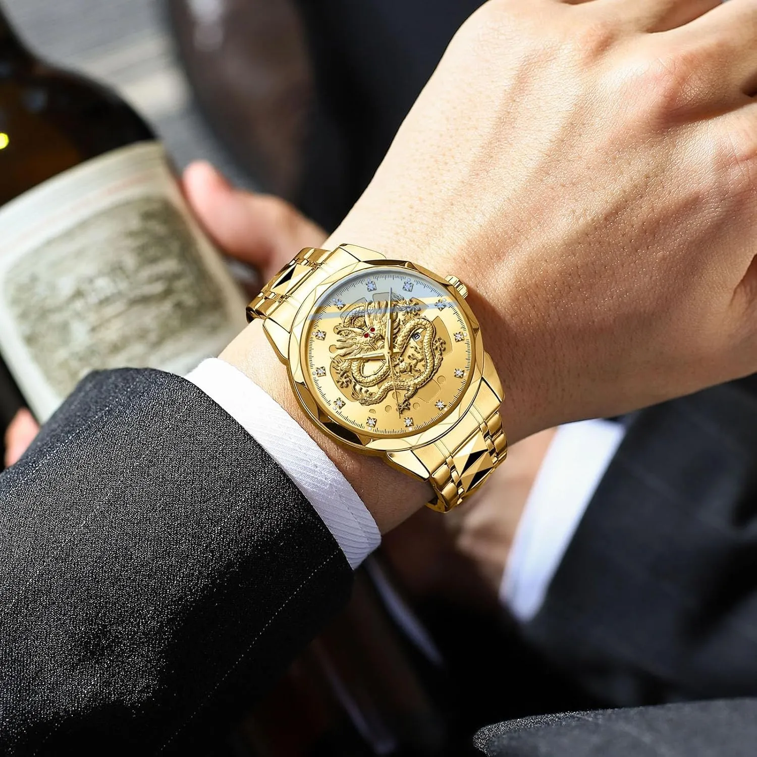 Watch 3D Embossed Dragon Dial Stainless Steel Band Diamond Hour Markers Date Luminous Hands Waterproof Business Dress Watch Gosasa Luxury bowel locality Men's Gold Dragon Quartz 