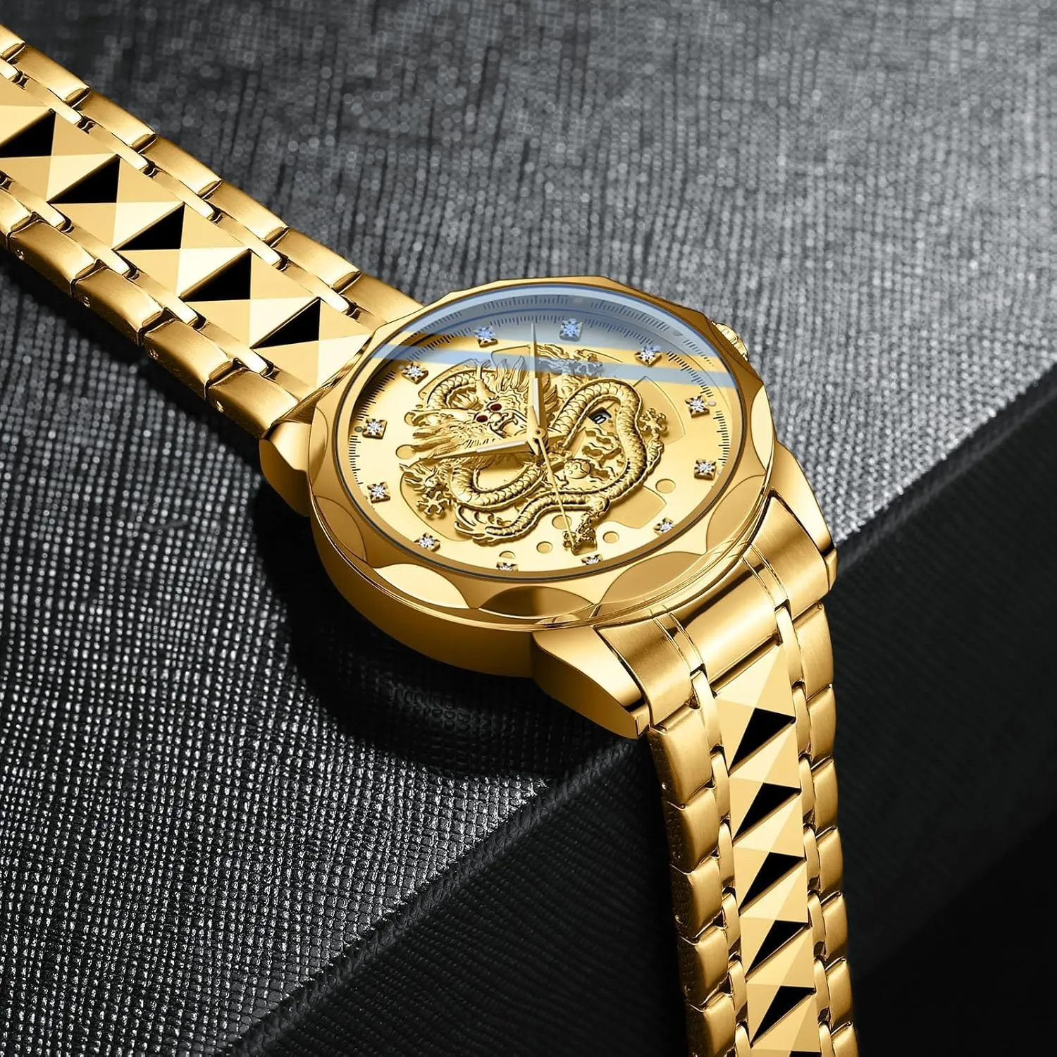 Watch 3D Embossed Dragon Dial Stainless Steel Band Diamond Hour Markers Date Luminous Hands Waterproof Business Dress Watch Gosasa Luxury bowel locality Men's Gold Dragon Quartz 