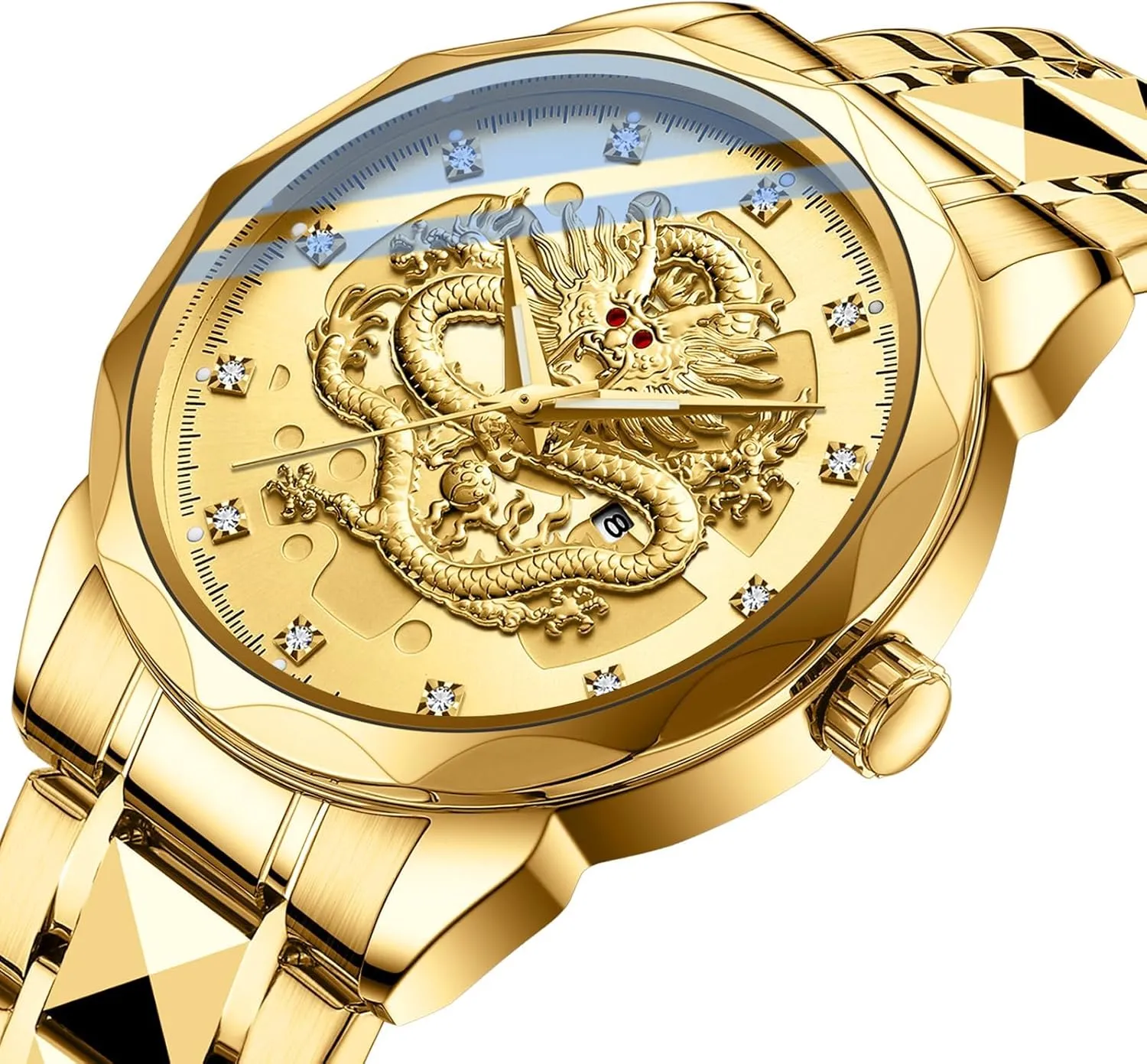 Watch 3D Embossed Dragon Dial Stainless Steel Band Diamond Hour Markers Date Luminous Hands Waterproof Business Dress Watch Gosasa Luxury bowel locality Men's Gold Dragon Quartz 