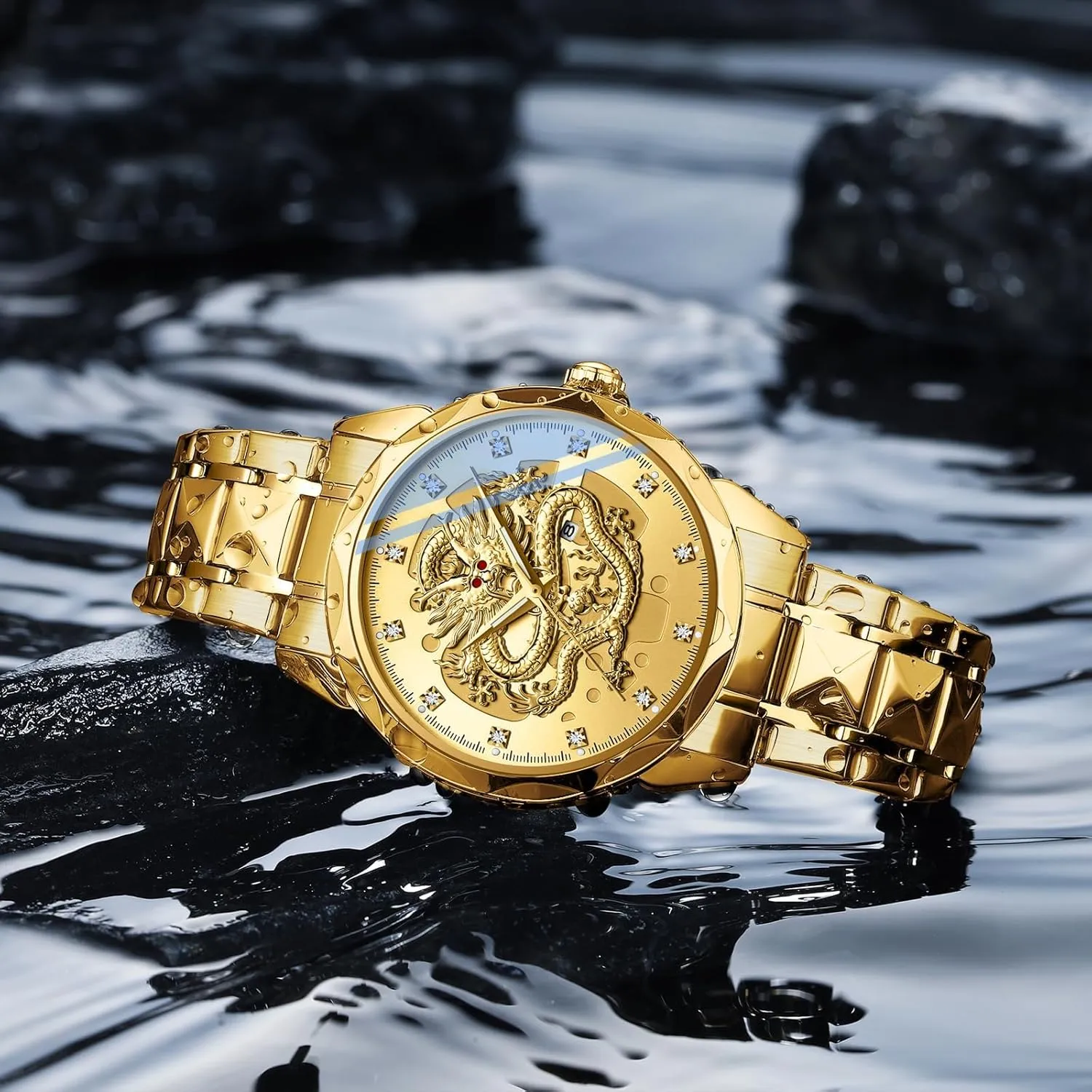 Watch 3D Embossed Dragon Dial Stainless Steel Band Diamond Hour Markers Date Luminous Hands Waterproof Business Dress Watch Gosasa Luxury bowel locality Men's Gold Dragon Quartz 