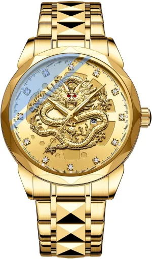 Watch 3D Embossed Dragon Dial Stainless Steel Band Diamond Hour Markers Date Luminous Hands Waterproof Business Dress Watch Gosasa Luxury bowel locality Men's Gold Dragon Quartz 