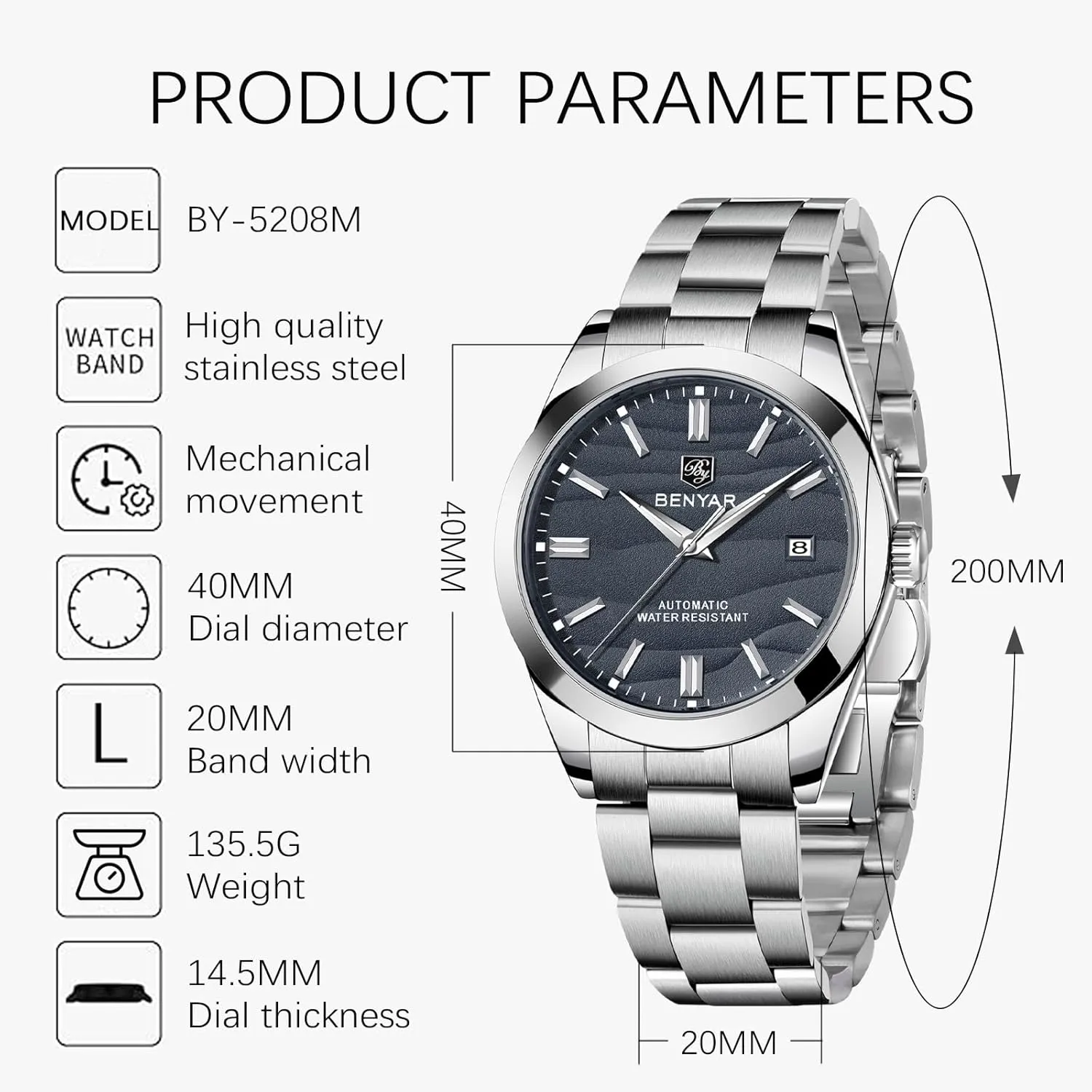 Watch 40MM Dial 50M Water Resistant Luminous Pointer with Date Display Classic Stainless Steel Watch for Men BENYAR hander torque Men's Automatic 