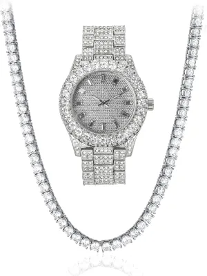 Watch & Chain jade negligible Set, 44mm Case Techno Pave Womens Iced Solitaire Bezel 