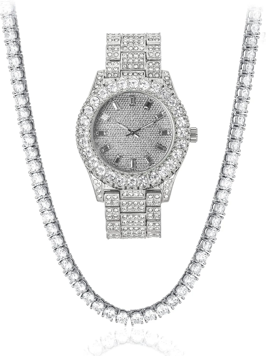 Watch & Chain jade negligible Set, 44mm Case Techno Pave Womens Iced Solitaire Bezel 