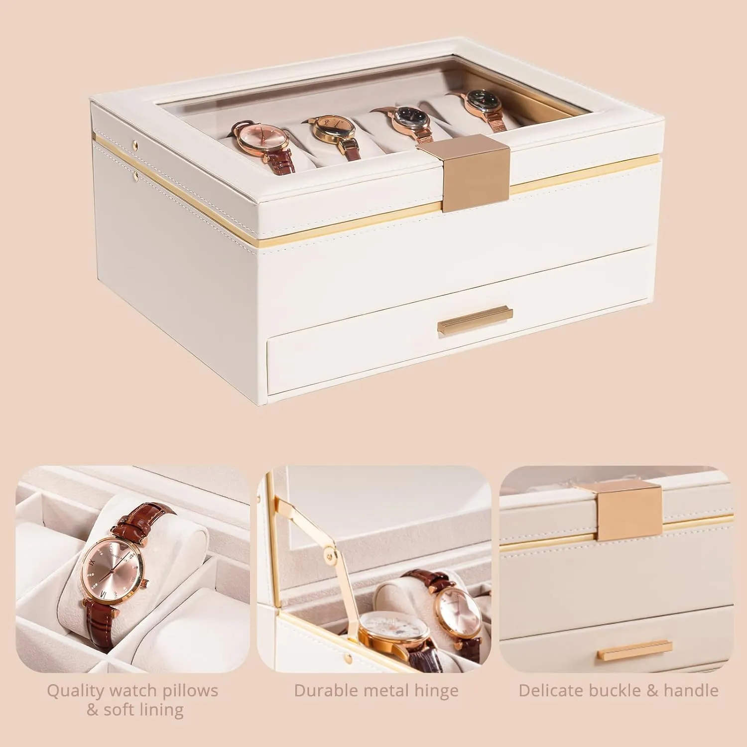 Watch beside Box Organizer, Jewelry and Watch Holder Storage Case With Glass Lid -Beige ProCase Watch Case for Women, 10 Slot Watch Display Case with Drawer, 2-Layer Womens Watch Box, 10 