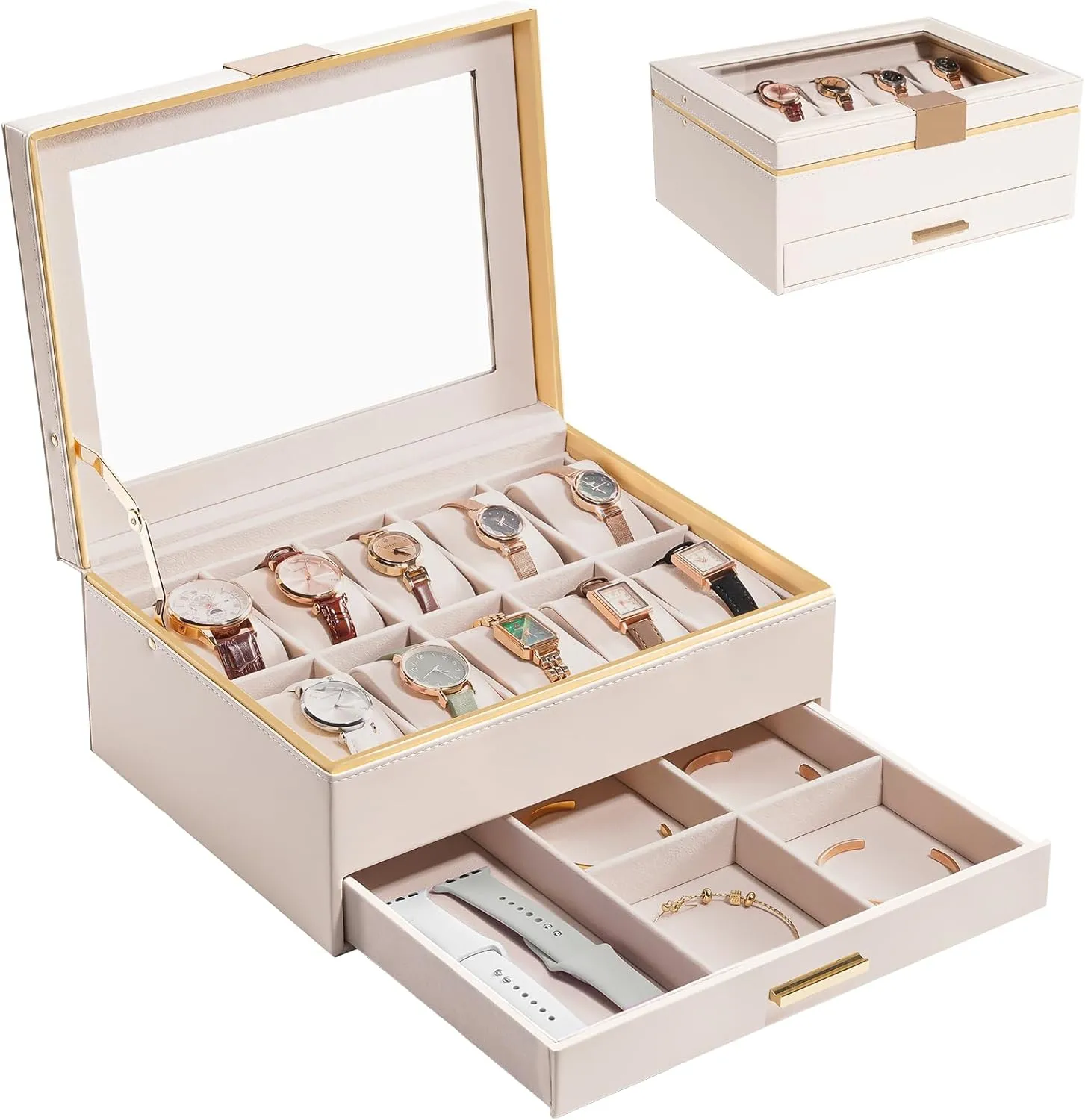 Watch beside Box Organizer, Jewelry and Watch Holder Storage Case With Glass Lid -Beige ProCase Watch Case for Women, 10 Slot Watch Display Case with Drawer, 2-Layer Womens Watch Box, 10 