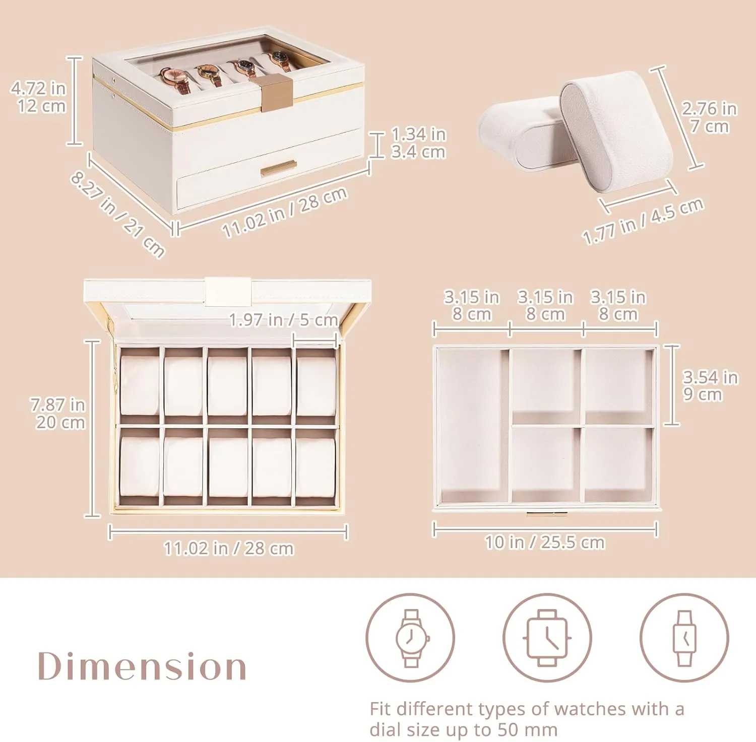 Watch beside Box Organizer, Jewelry and Watch Holder Storage Case With Glass Lid -Beige ProCase Watch Case for Women, 10 Slot Watch Display Case with Drawer, 2-Layer Womens Watch Box, 10 