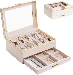 Watch beside Box Organizer, Jewelry and Watch Holder Storage Case With Glass Lid -Beige ProCase Watch Case for Women, 10 Slot Watch Display Case with Drawer, 2-Layer Womens Watch Box, 10 