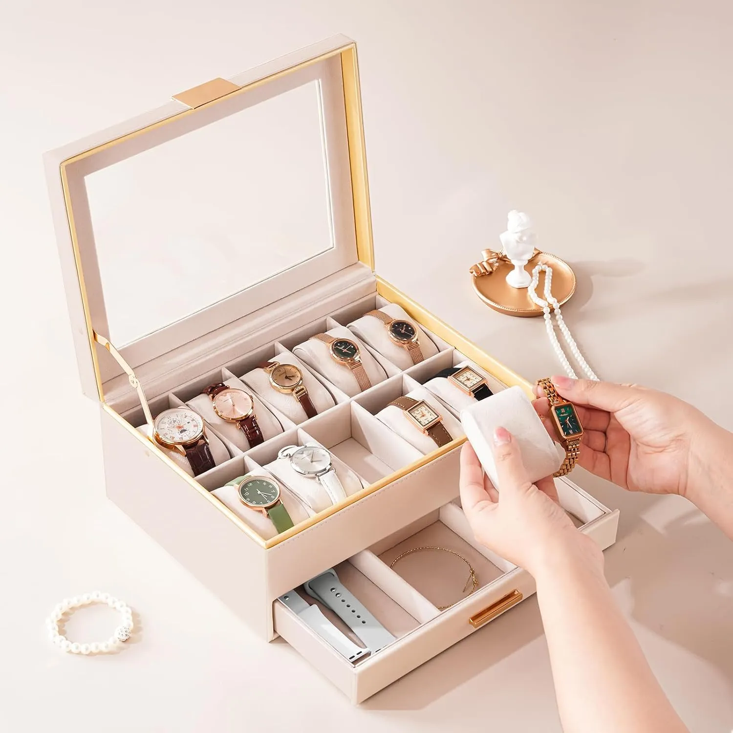 Watch beside Box Organizer, Jewelry and Watch Holder Storage Case With Glass Lid -Beige ProCase Watch Case for Women, 10 Slot Watch Display Case with Drawer, 2-Layer Womens Watch Box, 10 