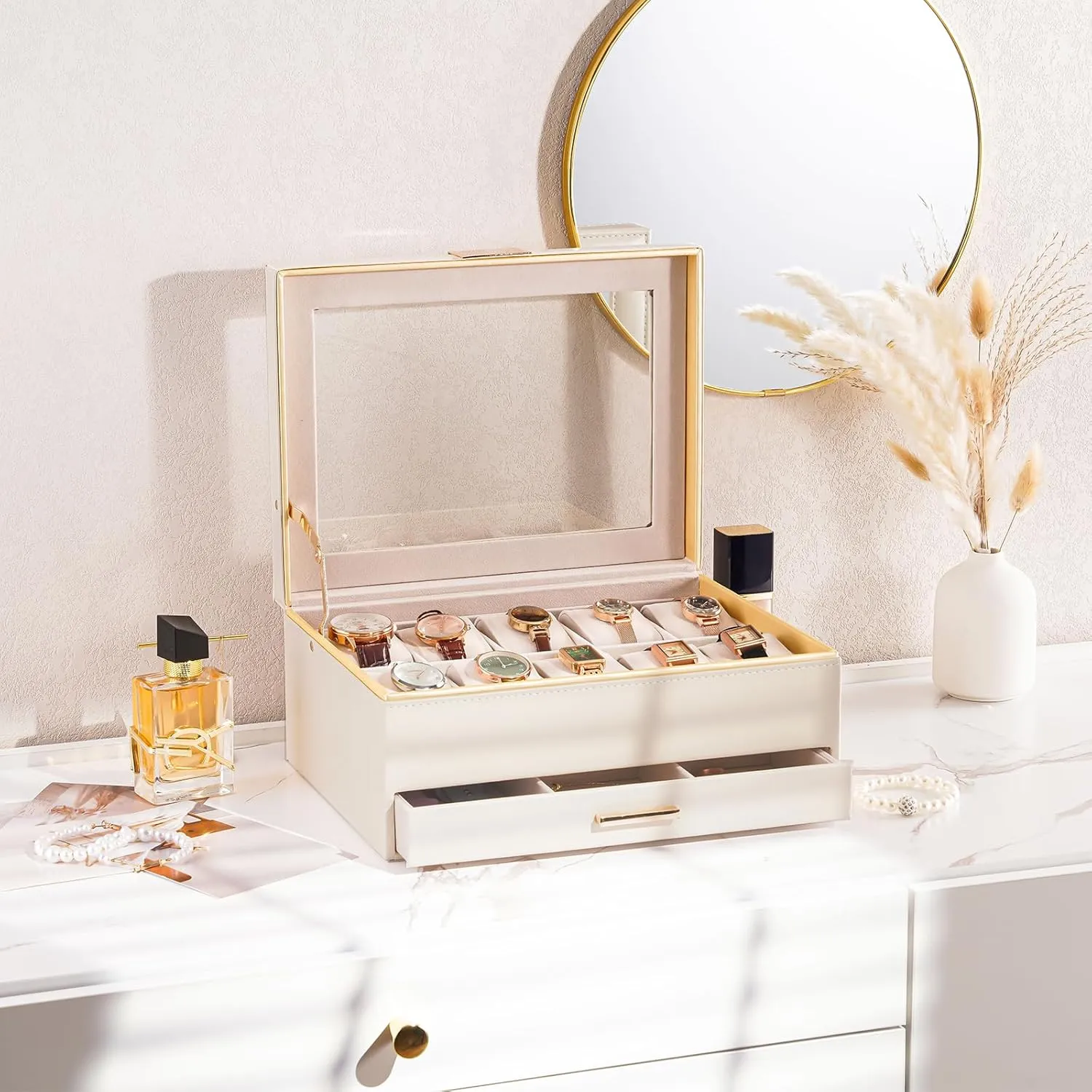 Watch beside Box Organizer, Jewelry and Watch Holder Storage Case With Glass Lid -Beige ProCase Watch Case for Women, 10 Slot Watch Display Case with Drawer, 2-Layer Womens Watch Box, 10 